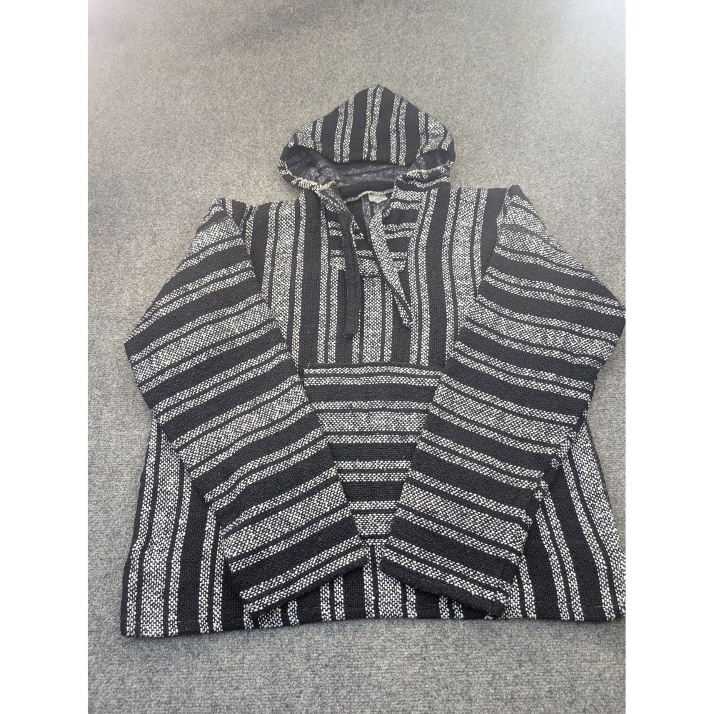 Baja Hoodie Mens XL Black White Striped Woven Pullover Kangaroo Pocket